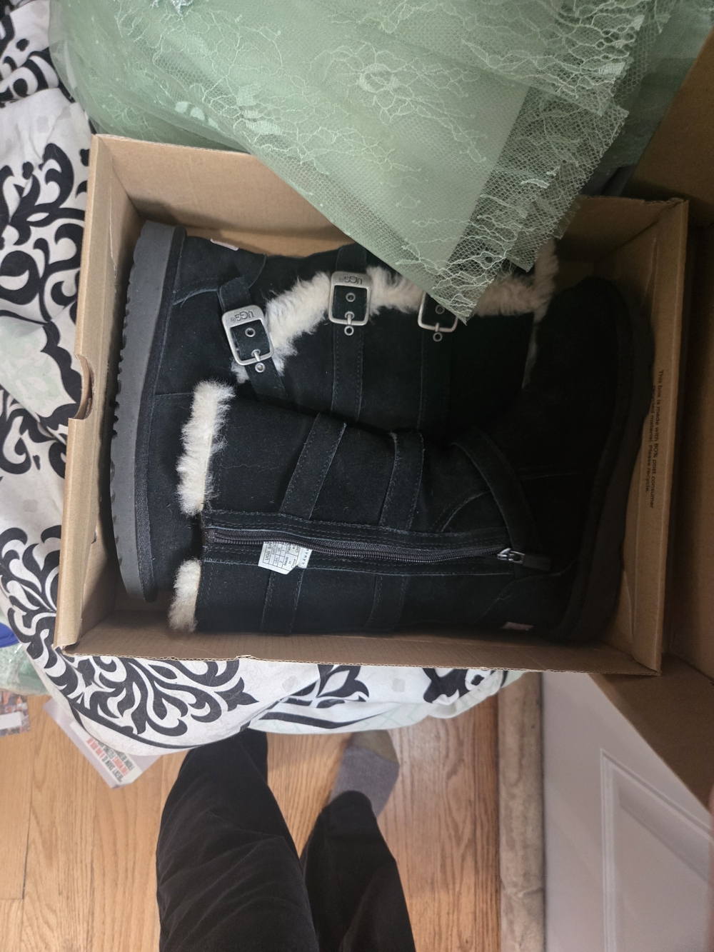 Black Shearling Winter Boots with Buckle Details